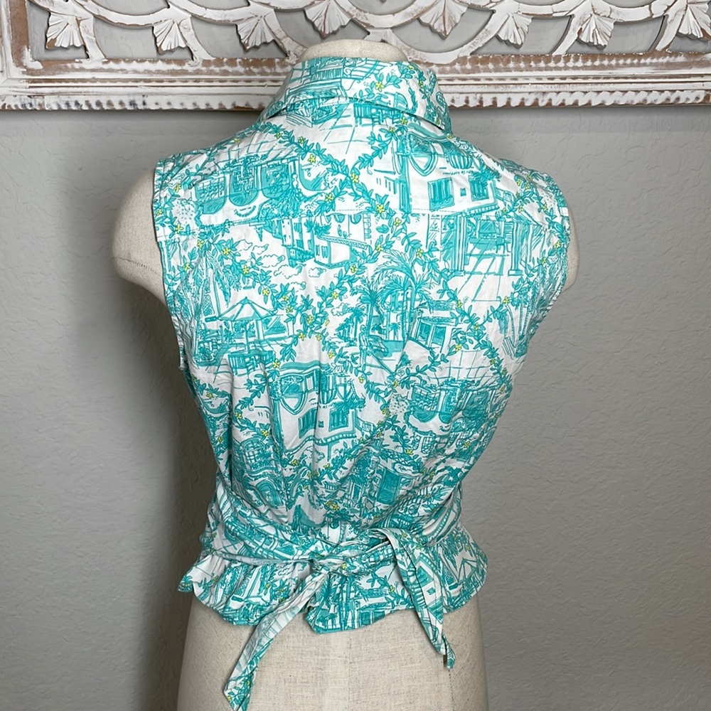 Lilly Pulitzer Worth Ave Toile Print Collar Wrap top SZ 6 - Picture 3 of 5
